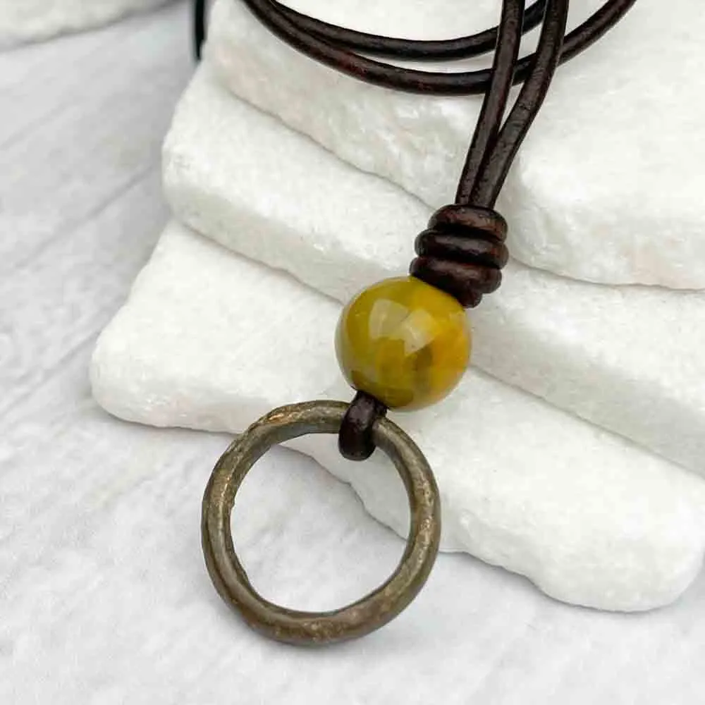 Deepest Green Brown Bronze Celtic Ring Money & Mookaite Leather Necklace | Artifact #7149