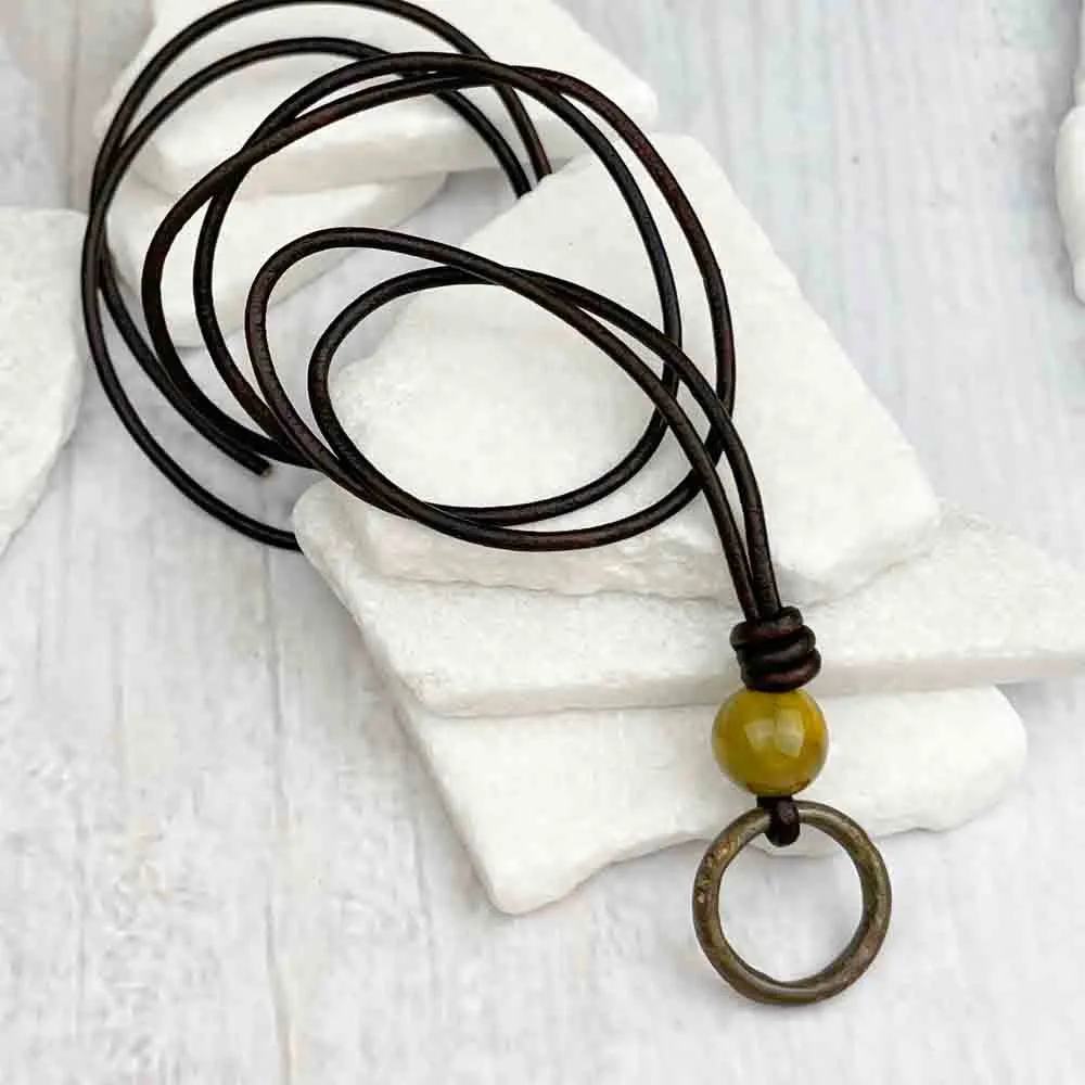 Deepest Green Brown Bronze Celtic Ring Money & Mookaite Leather Necklace | Artifact #7149