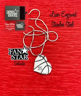 Engraved Stainless Steel Basketball Heart Pendant Necklace Full
