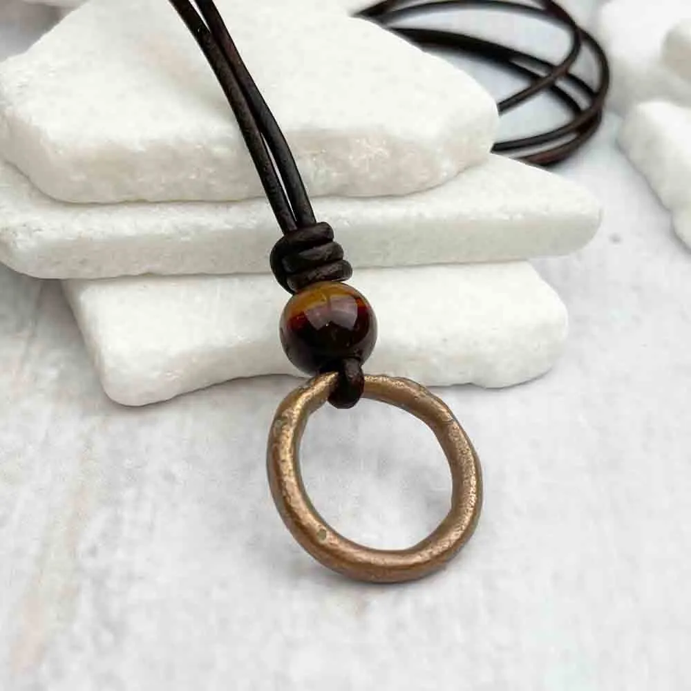 Gleaming Red Bronze Celtic Ring Money & Red Tigers Eye Leather Necklace | Artifact #7158