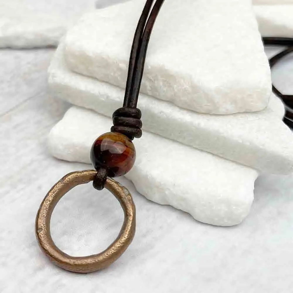 Gleaming Red Bronze Celtic Ring Money & Red Tigers Eye Leather Necklace | Artifact #7158