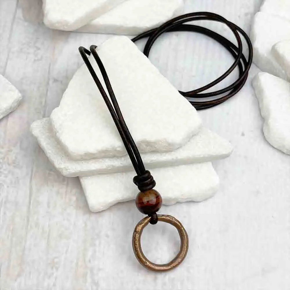 Gleaming Red Bronze Celtic Ring Money & Red Tigers Eye Leather Necklace | Artifact #7158