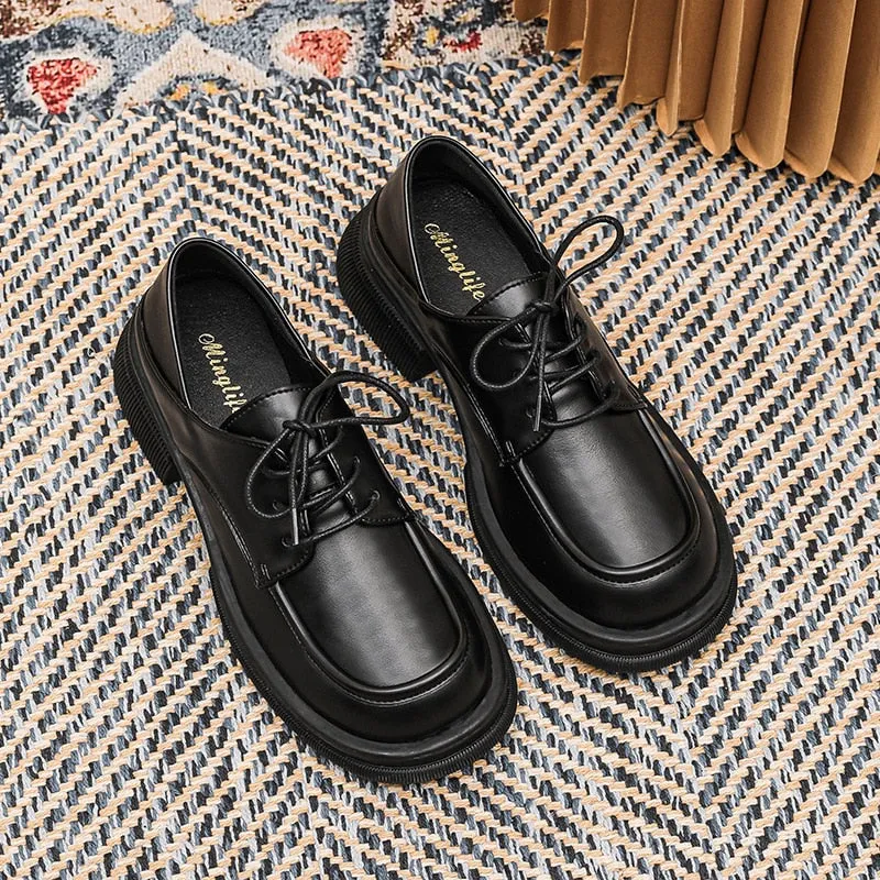 hulianfu  New women's loafers Black lace-up shoes Round head high heel thick base high design Leather shoes Stylish party and work