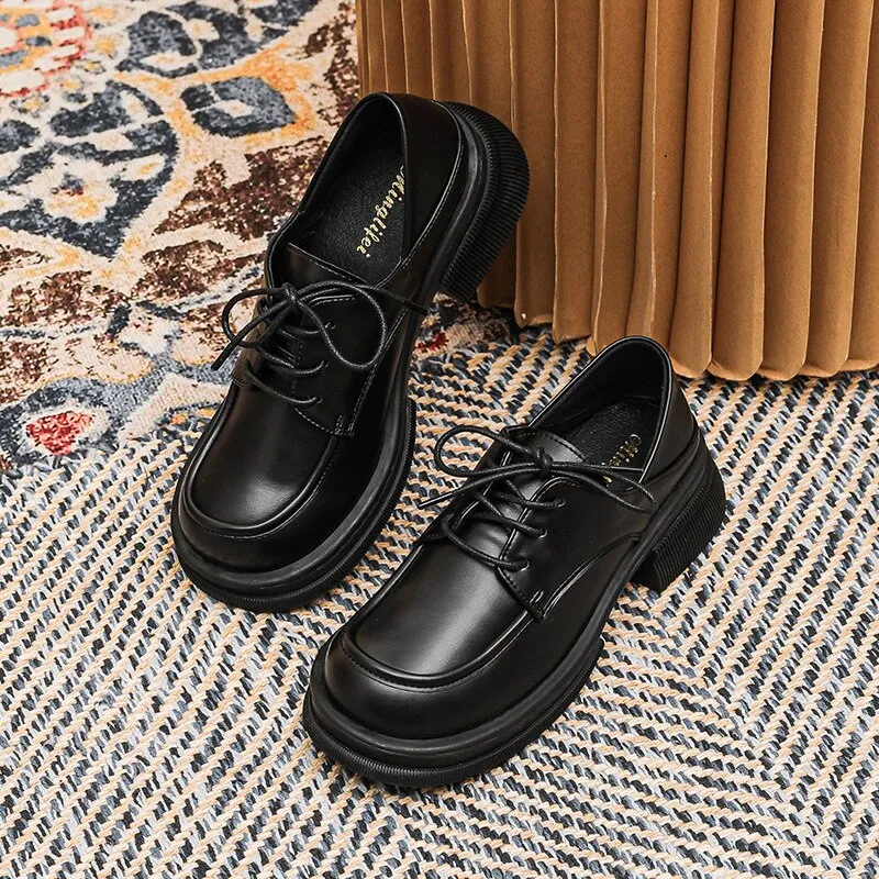hulianfu  New women's loafers Black lace-up shoes Round head high heel thick base high design Leather shoes Stylish party and work