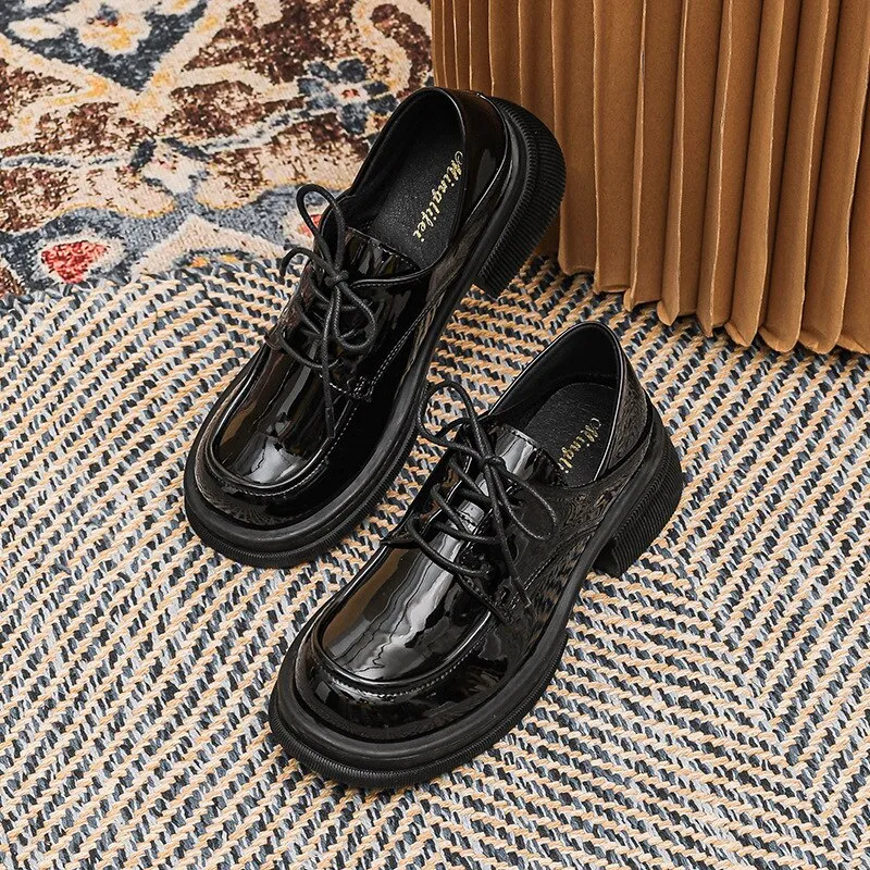 hulianfu  New women's loafers Black lace-up shoes Round head high heel thick base high design Leather shoes Stylish party and work