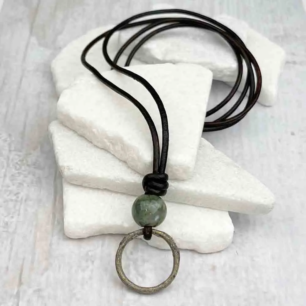 Light Green Bronze Celtic Ring Money & Fancy Jasper Leather Necklace | Artifact #7142