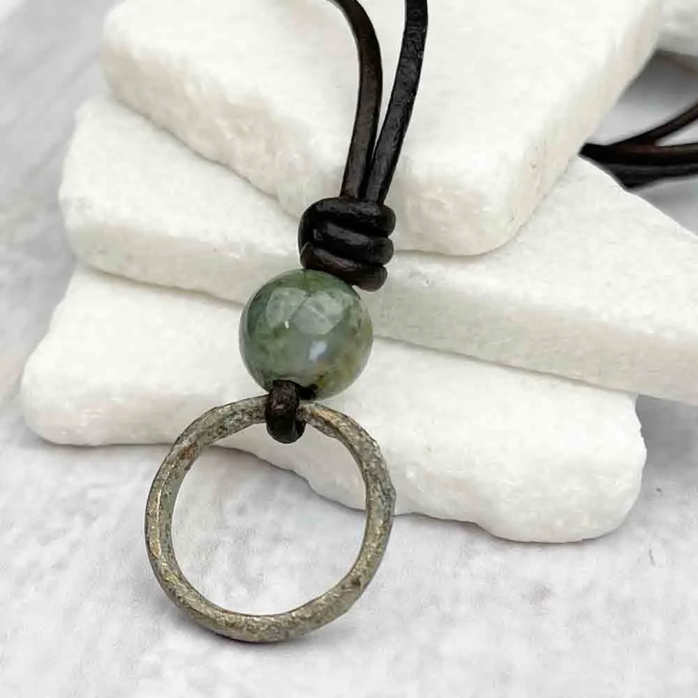 Light Green Bronze Celtic Ring Money & Fancy Jasper Leather Necklace | Artifact #7142