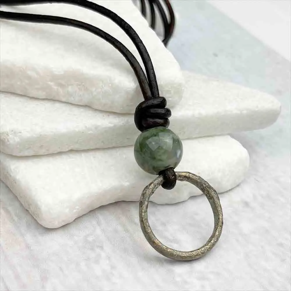 Light Green Bronze Celtic Ring Money & Fancy Jasper Leather Necklace | Artifact #7142