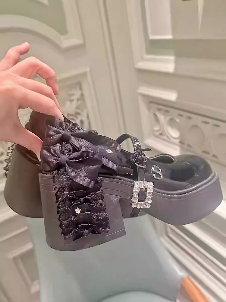Polished Black Rhinestone Buckle Bowand Floral Block Heel Mary Janes