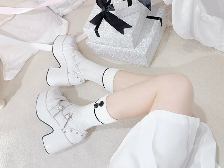 Polished White Bow at Top Rhinestone Buckles Platform Mary Jane Shoes