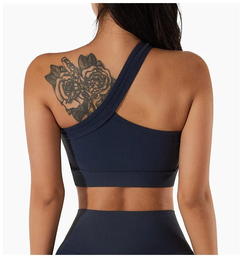 Ribbed Asymmetrical One Shoulder Sports Bra by Anna-Kaci