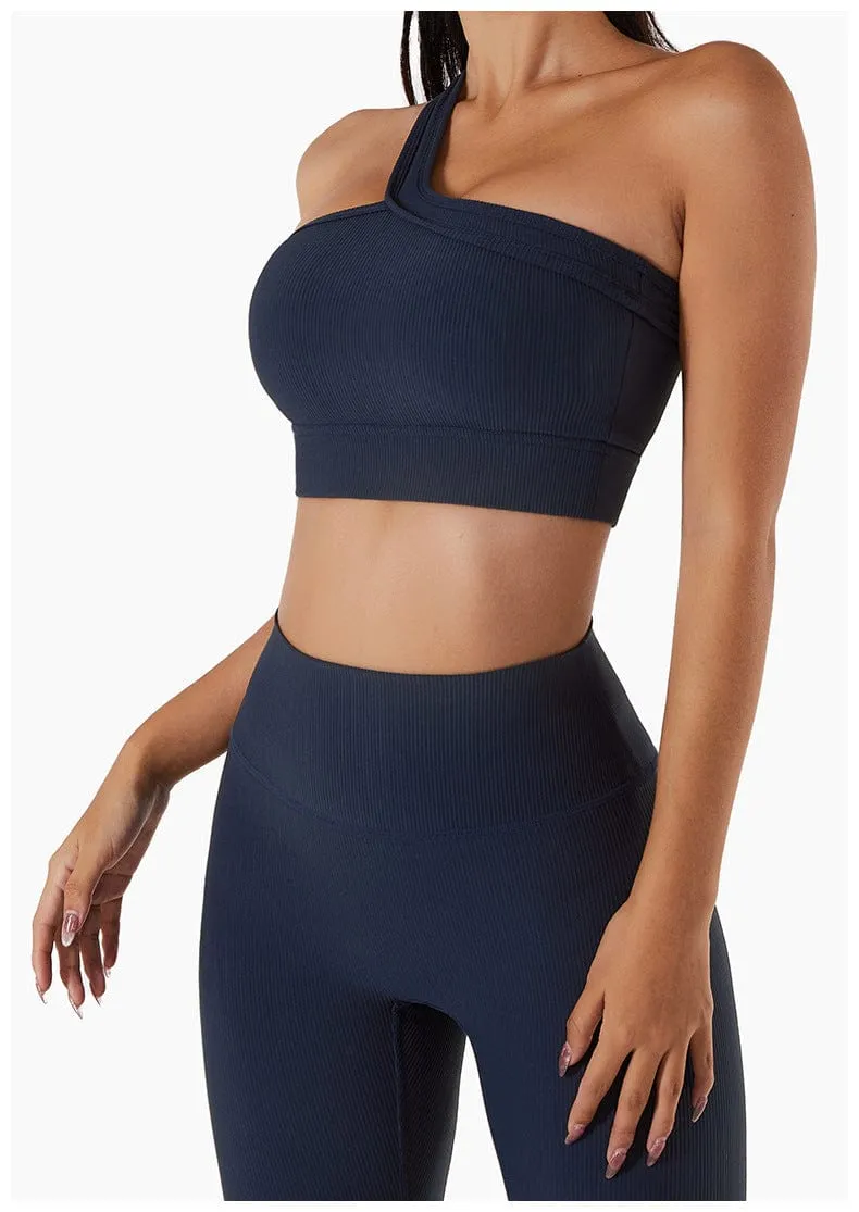 Ribbed Asymmetrical One Shoulder Sports Bra by Anna-Kaci