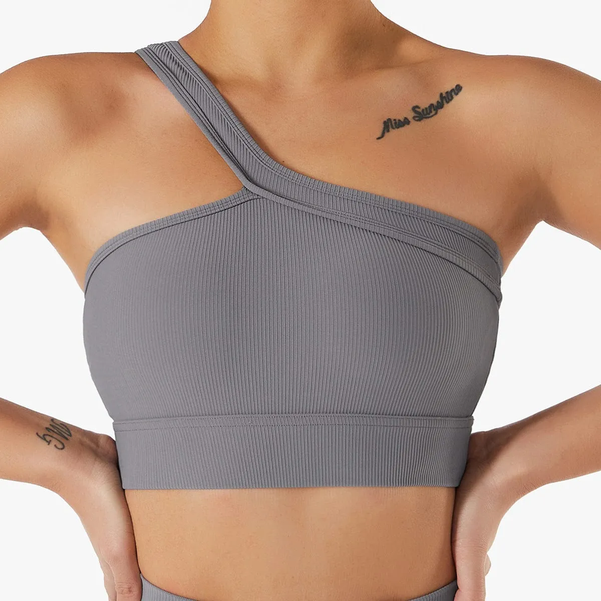 Ribbed Asymmetrical One Shoulder Sports Bra by Anna-Kaci