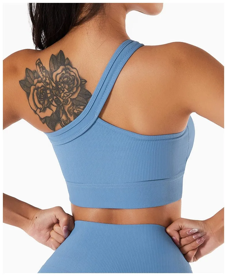 Ribbed Asymmetrical One Shoulder Sports Bra by Anna-Kaci