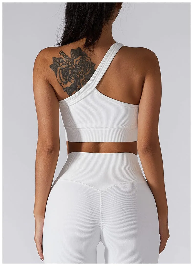 Ribbed Asymmetrical One Shoulder Sports Bra by Anna-Kaci