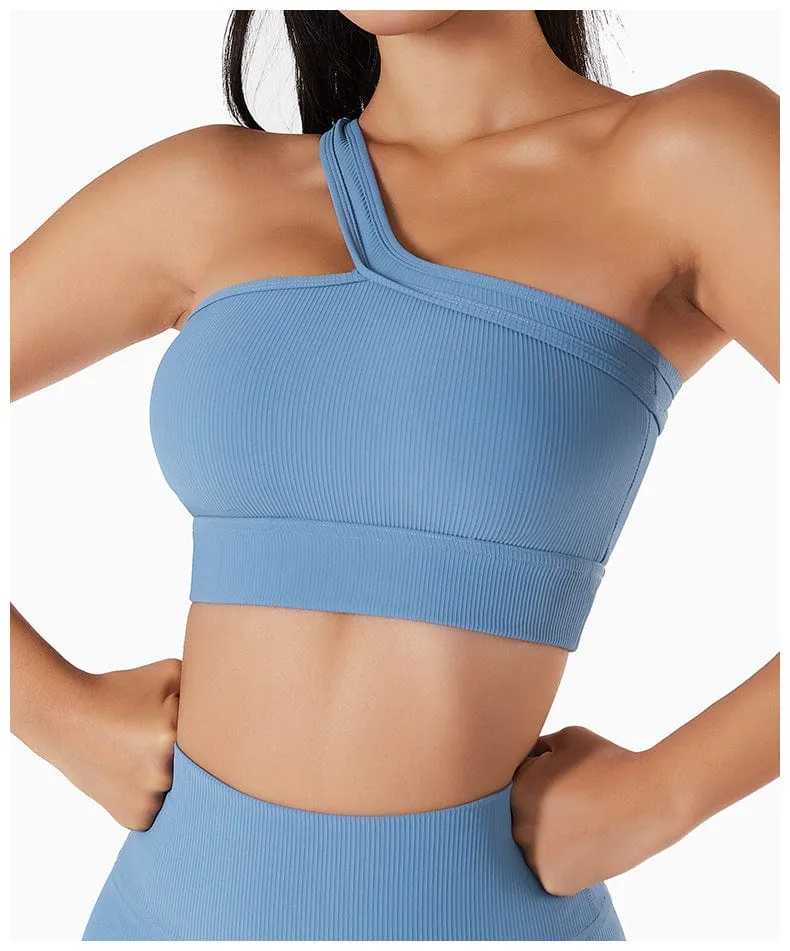 Ribbed Asymmetrical One Shoulder Sports Bra by Anna-Kaci