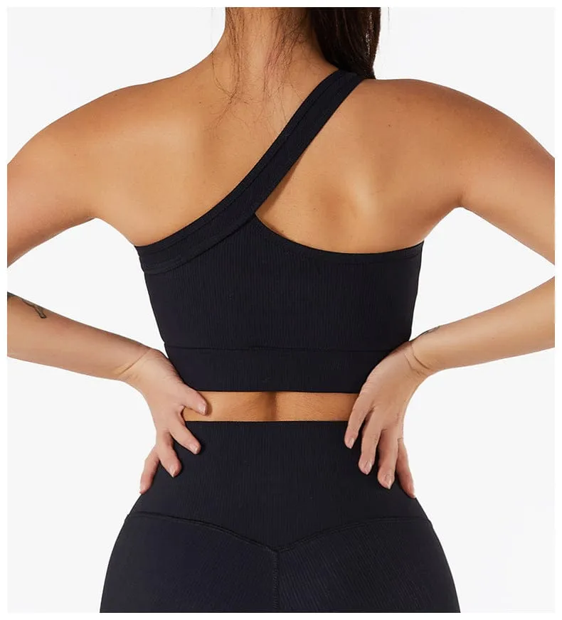Ribbed Asymmetrical One Shoulder Sports Bra by Anna-Kaci