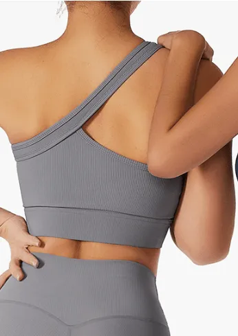 Ribbed Asymmetrical One Shoulder Sports Bra by Anna-Kaci