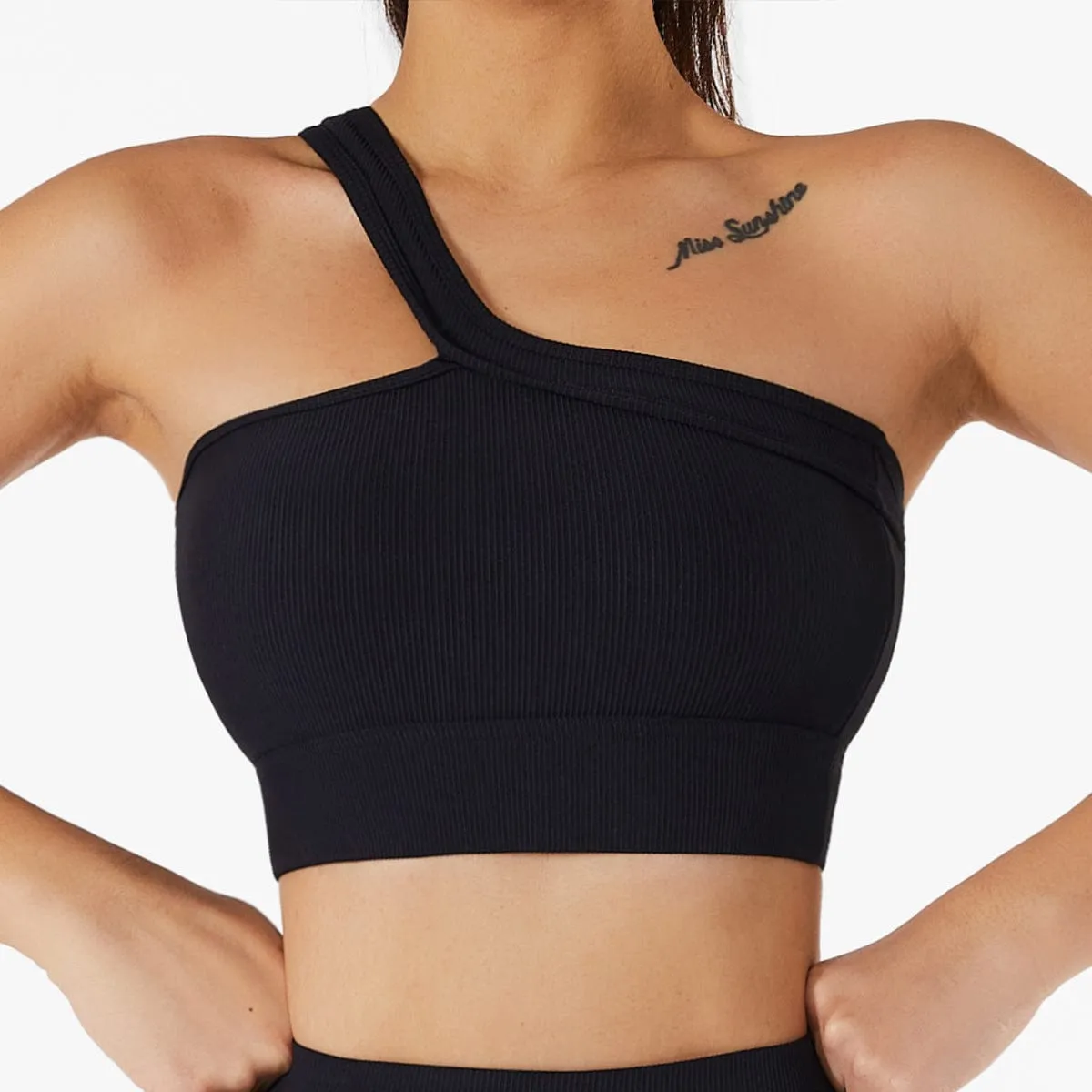 Ribbed Asymmetrical One Shoulder Sports Bra by Anna-Kaci