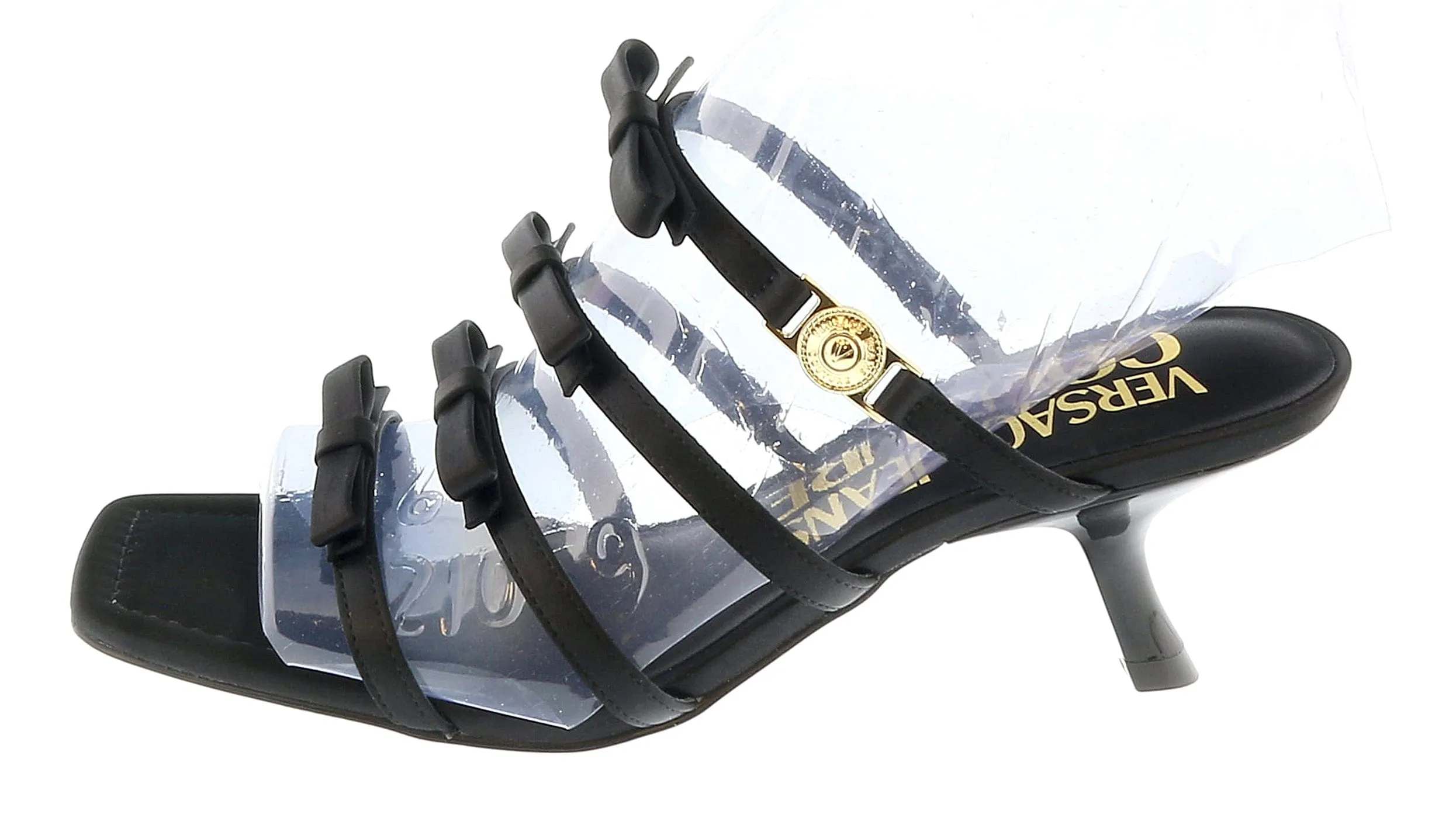Versace Jeans Couture Black Stappy Mid Heel Bow Sandals-