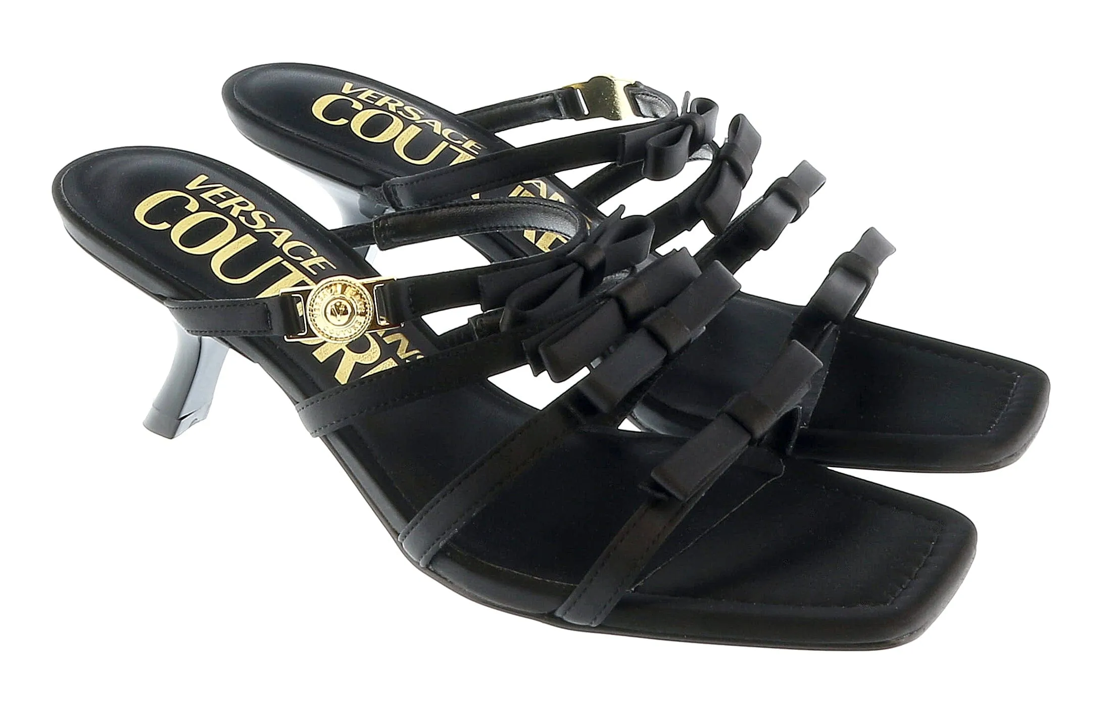 Versace Jeans Couture Black Stappy Mid Heel Bow Sandals-